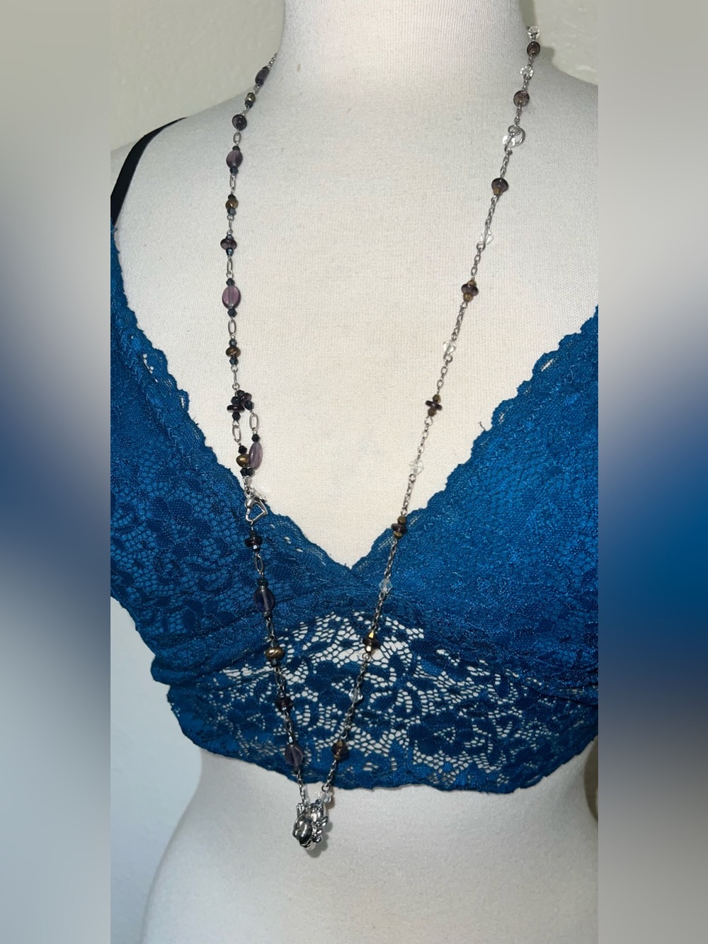 Long Beaded Silver Chain Necklace with Purple and Brown Accents